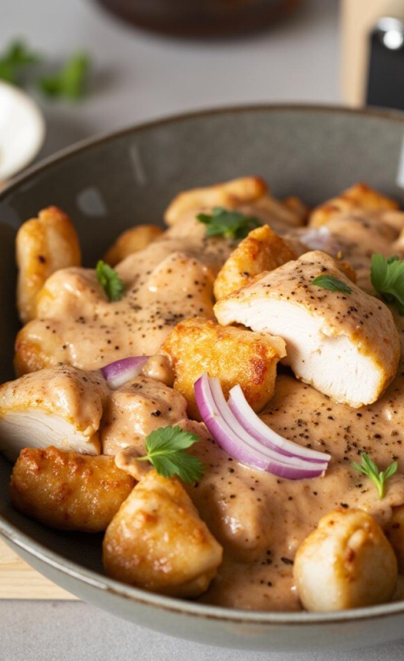 Hähnchengeschnetzeltes mit Sauce auf einem tiefen Teller