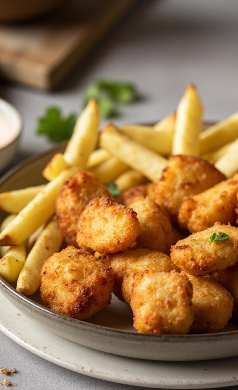 Heißluftfrittierte Pommes und Chicken Nuggets auf einem Teller