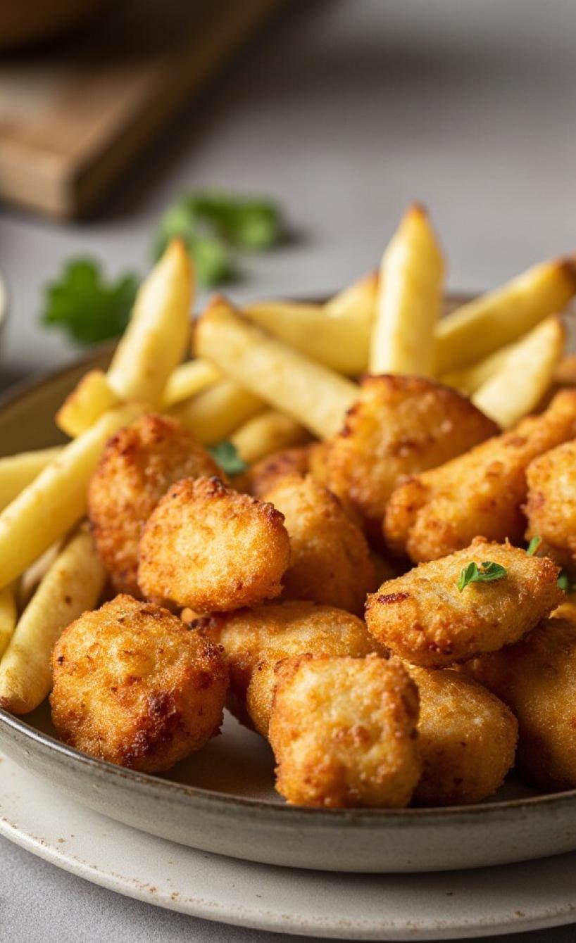 HeiĂluftfrittierte Pommes und Chicken Nuggets auf einem Teller