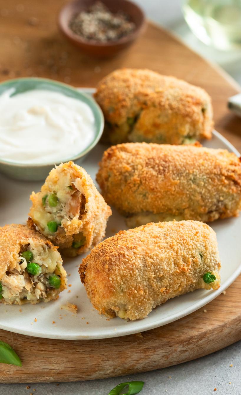 Kroketten aus Makrelen auf einem Teller, daneben Dip in einem Schälchen
