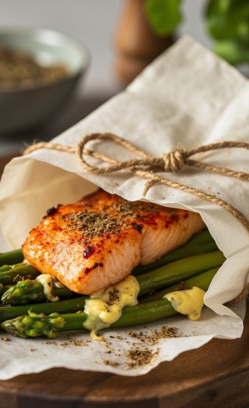 Lachspäckchen mit grünem Spargel auf einem Holzbrett