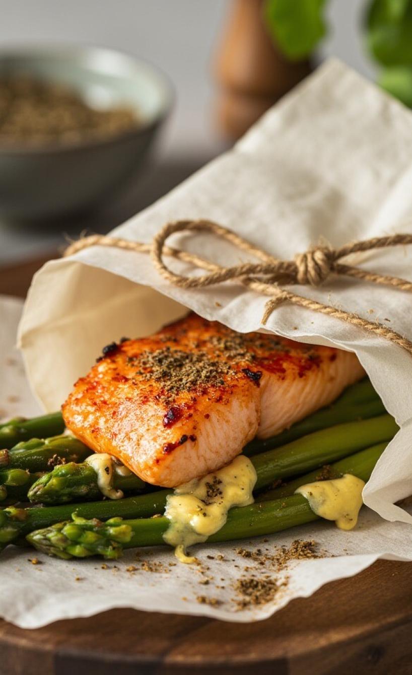 Lachspäckchen mit grünem Spargel auf einem Holzbrett