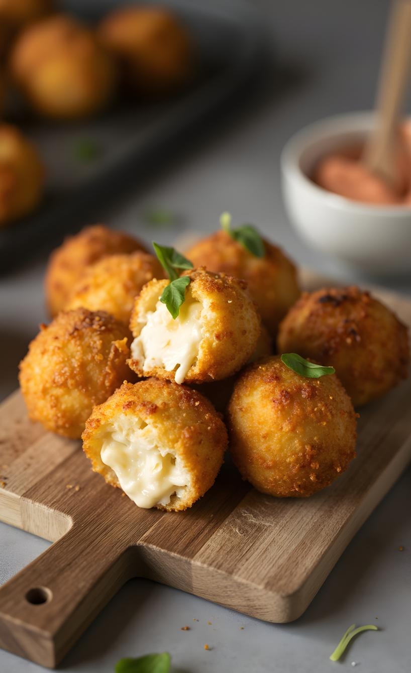 Panierte Camembert-Häppchen gestapelt auf einem Holzbrett, teilweise halbiert