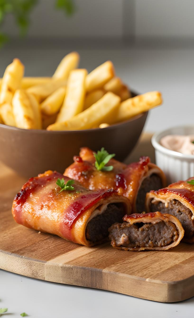 Bacon-Hackfleischrollen & Pommes