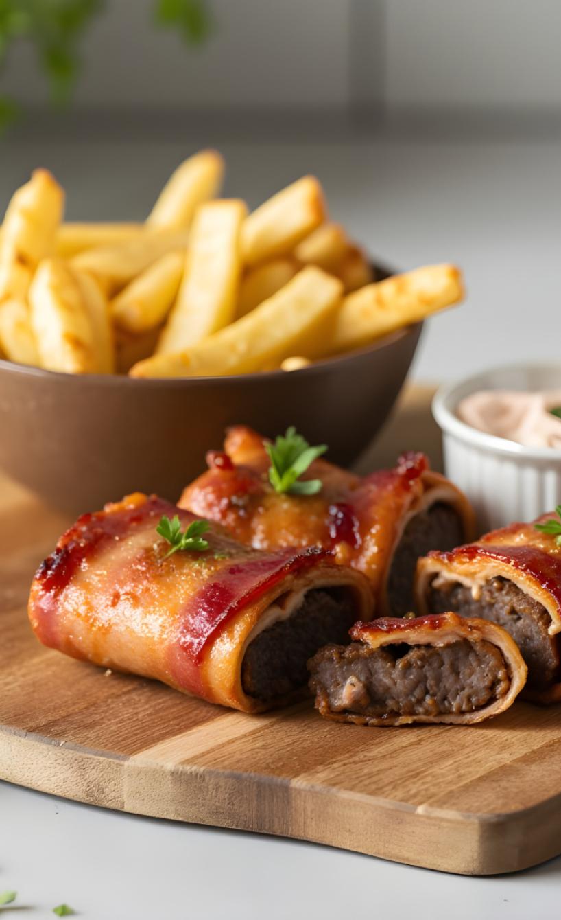 Bacon-Hackfleischrollen & Pommes