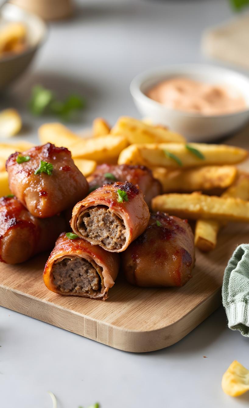 Bacon-Hackfleischrollen und Pommes auf einem Holzbrett