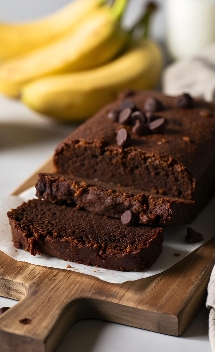 Bananen-Brownie-Kuchen angeschnitten auf einem Holzbrett