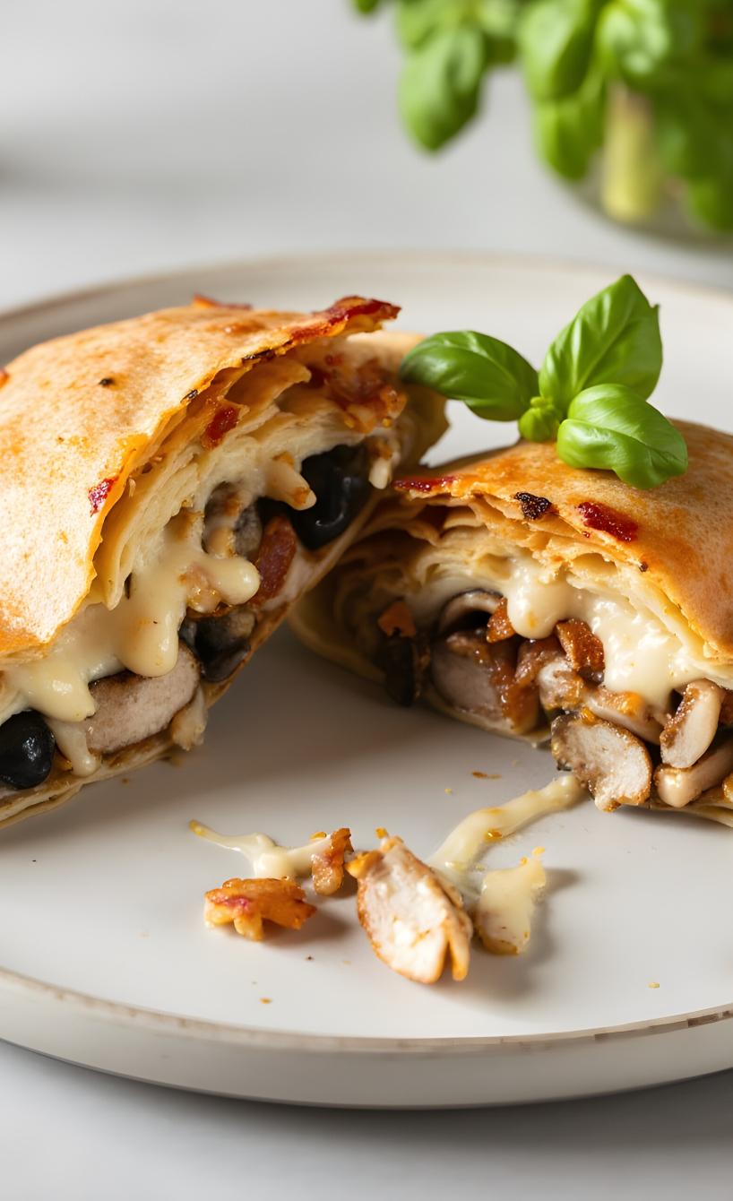 Halbierte Calzone auf einem Teller mit Basilikum garniert