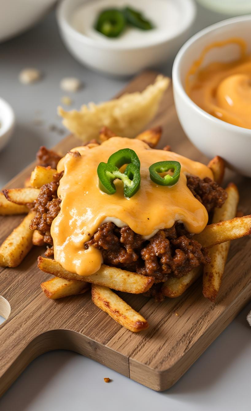 Pommes mit Hackfleisch und Sauce auf einem Holzbrett