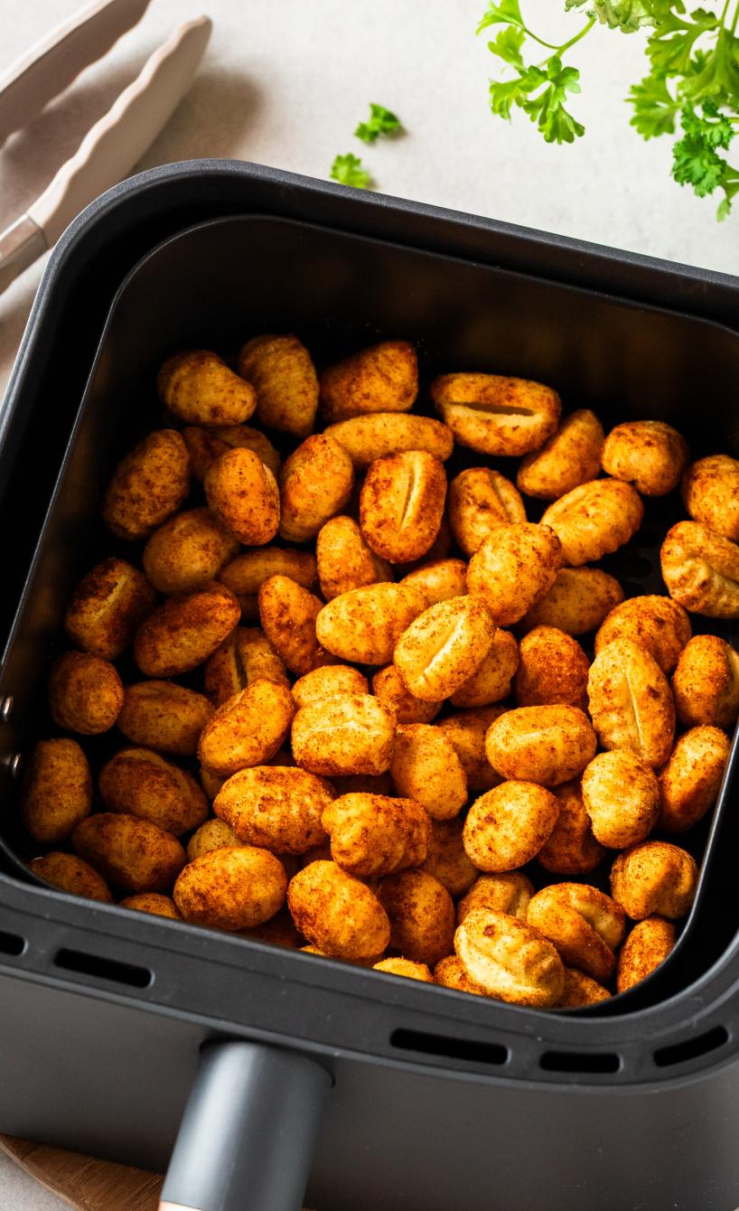Gewürzte Gnocchi im Garkorb einer Heißluftfritteuse
