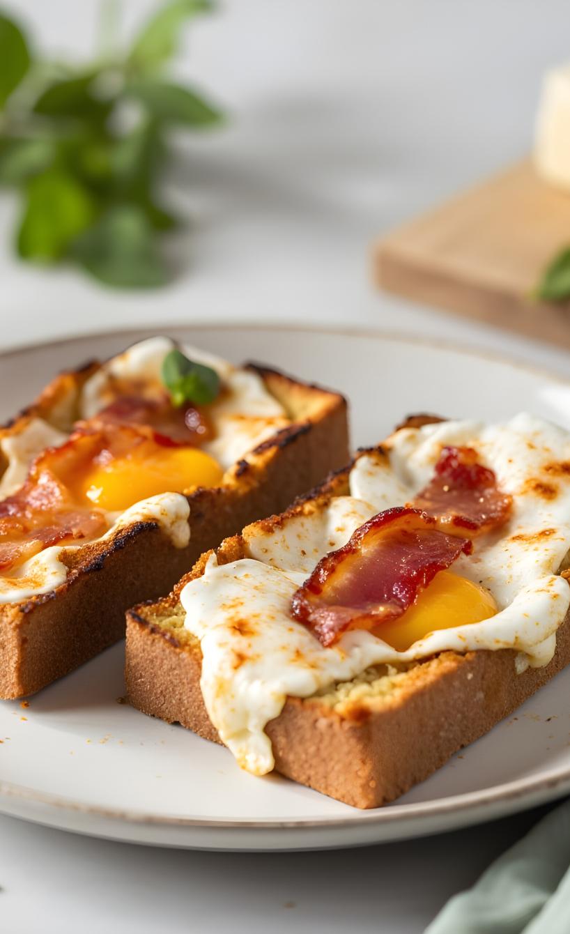 Zwei Scheiben Toast mit Bacon und Spiegelei auf einem Teller