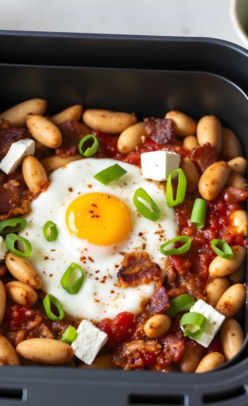 High Protein: Bohnen in Tomatensauce mit Feta und Ei
