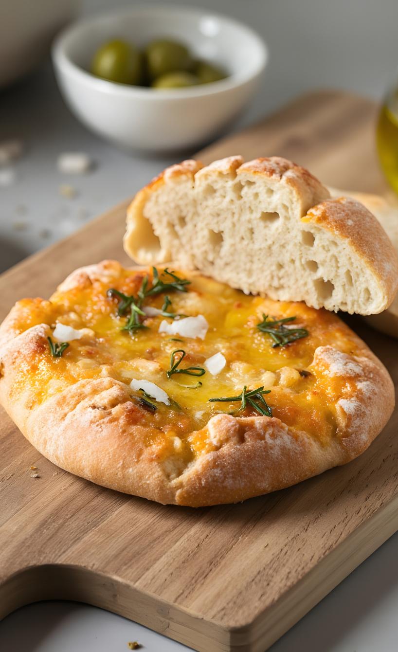 Zwei Focaccia-Brote angeschnitten auf einem Holzbrett