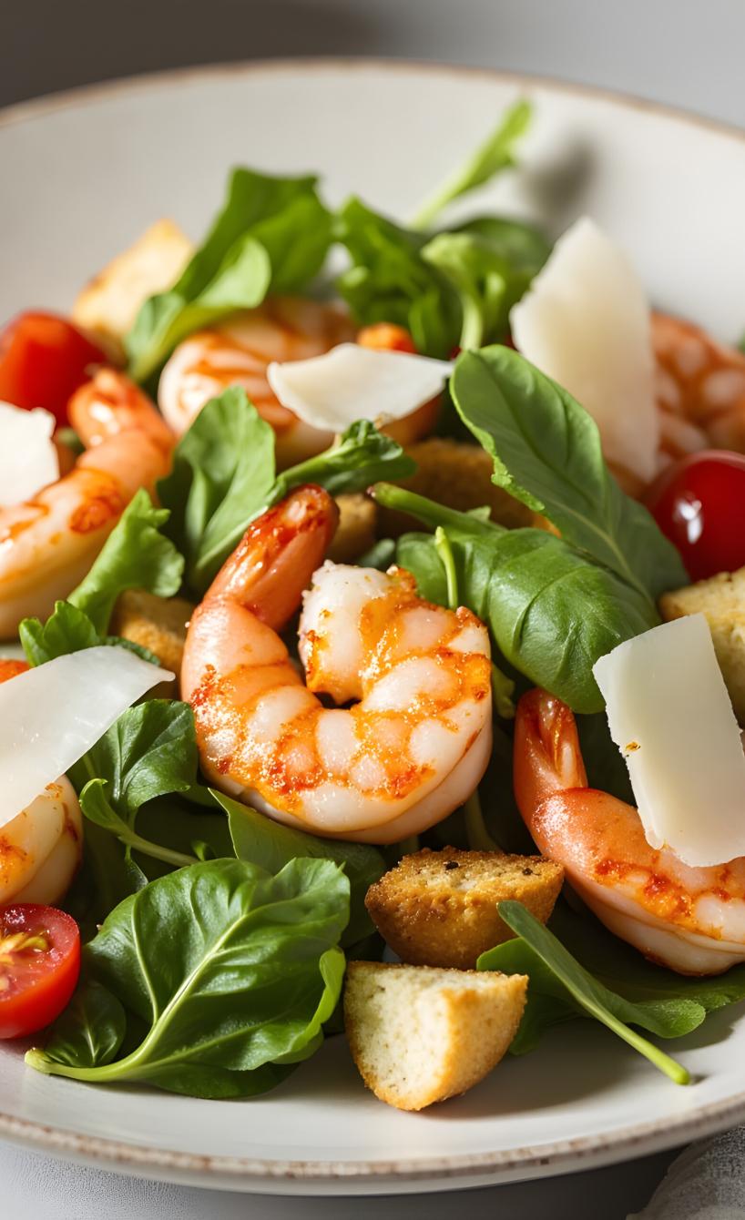 Salat mit Garnelen, Croutons und Salat auf einem tiefen Teller
