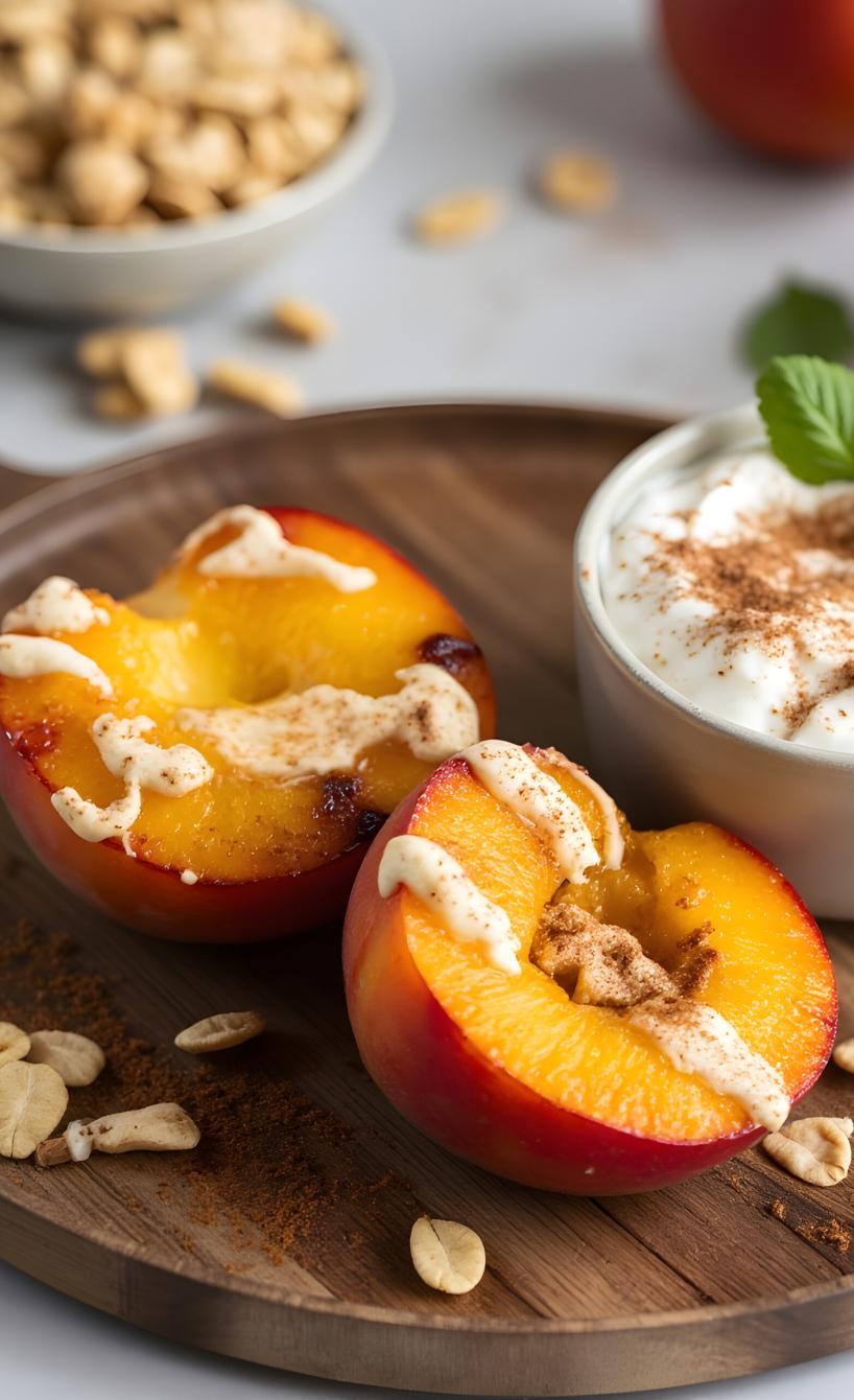 Zwei gebackene Pfirsichhälften getoppt mit Joghurt und Granola