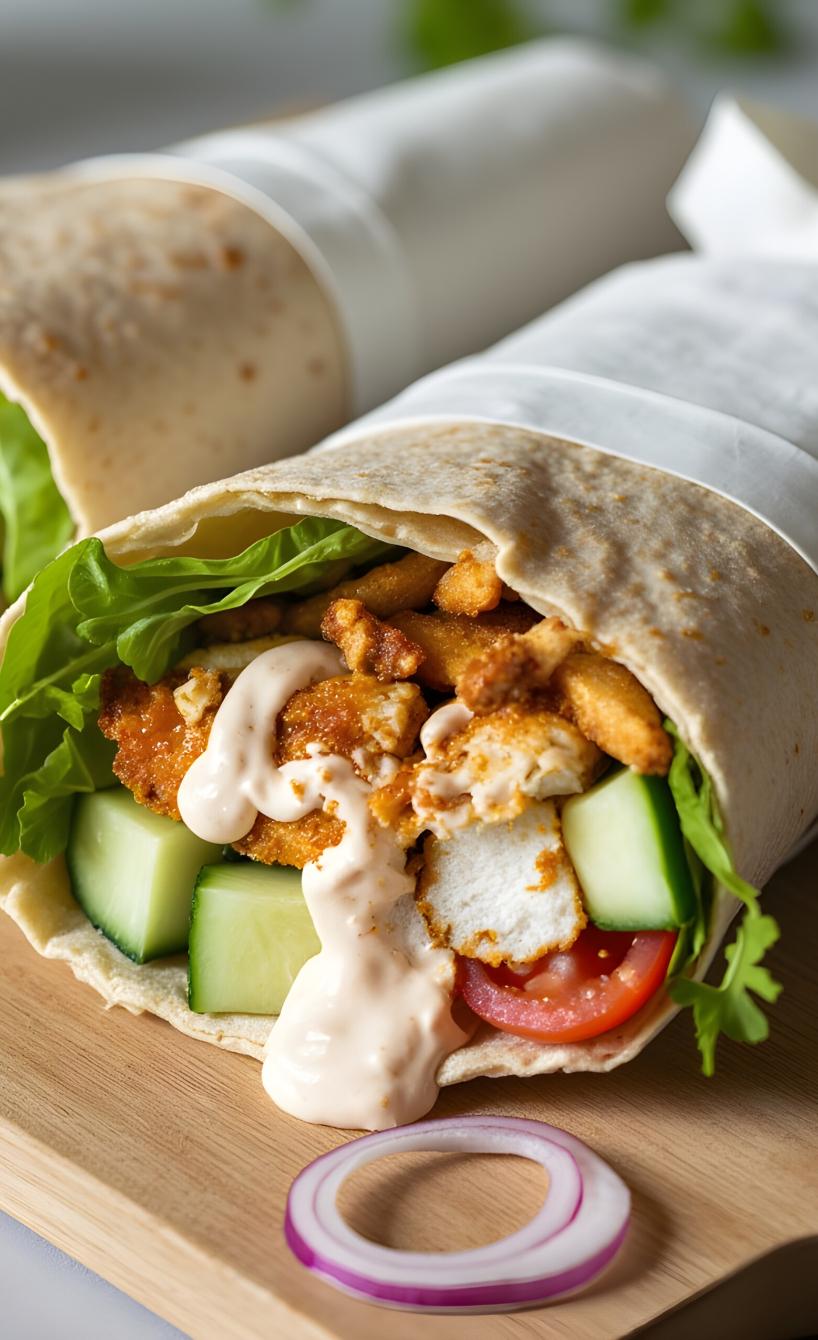 Zwei Hähnchen-Gyros-Wraps auf einem Holzbrett