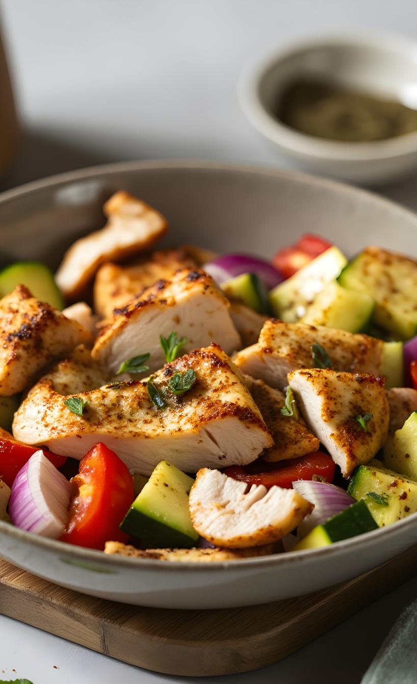 Heißluftfrittiertes Hähnchenstreifen und Gemüse auf einem tiefen Teller