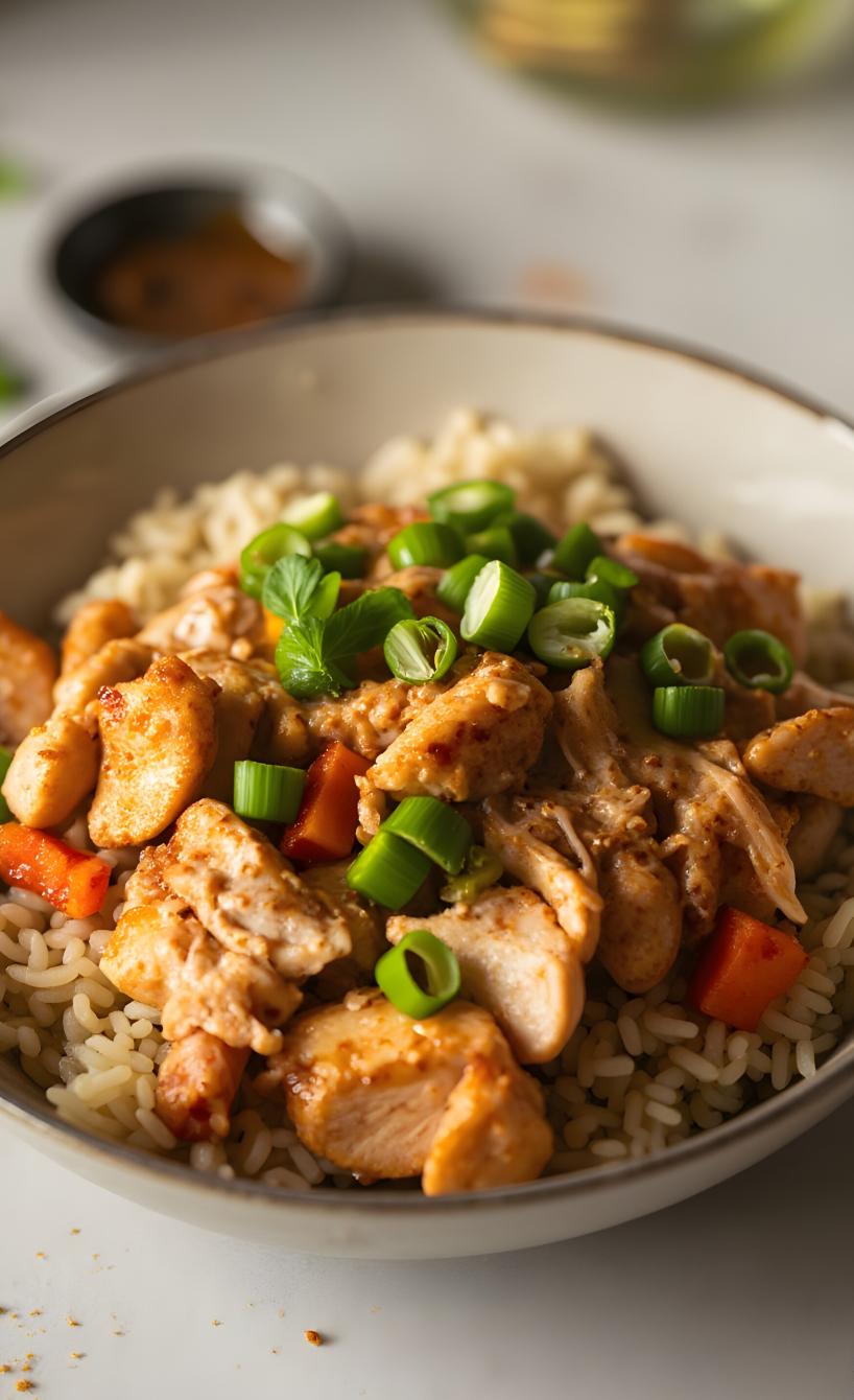 Schüssel mit gebratenem Reis, Hähnchen und Gemüse
