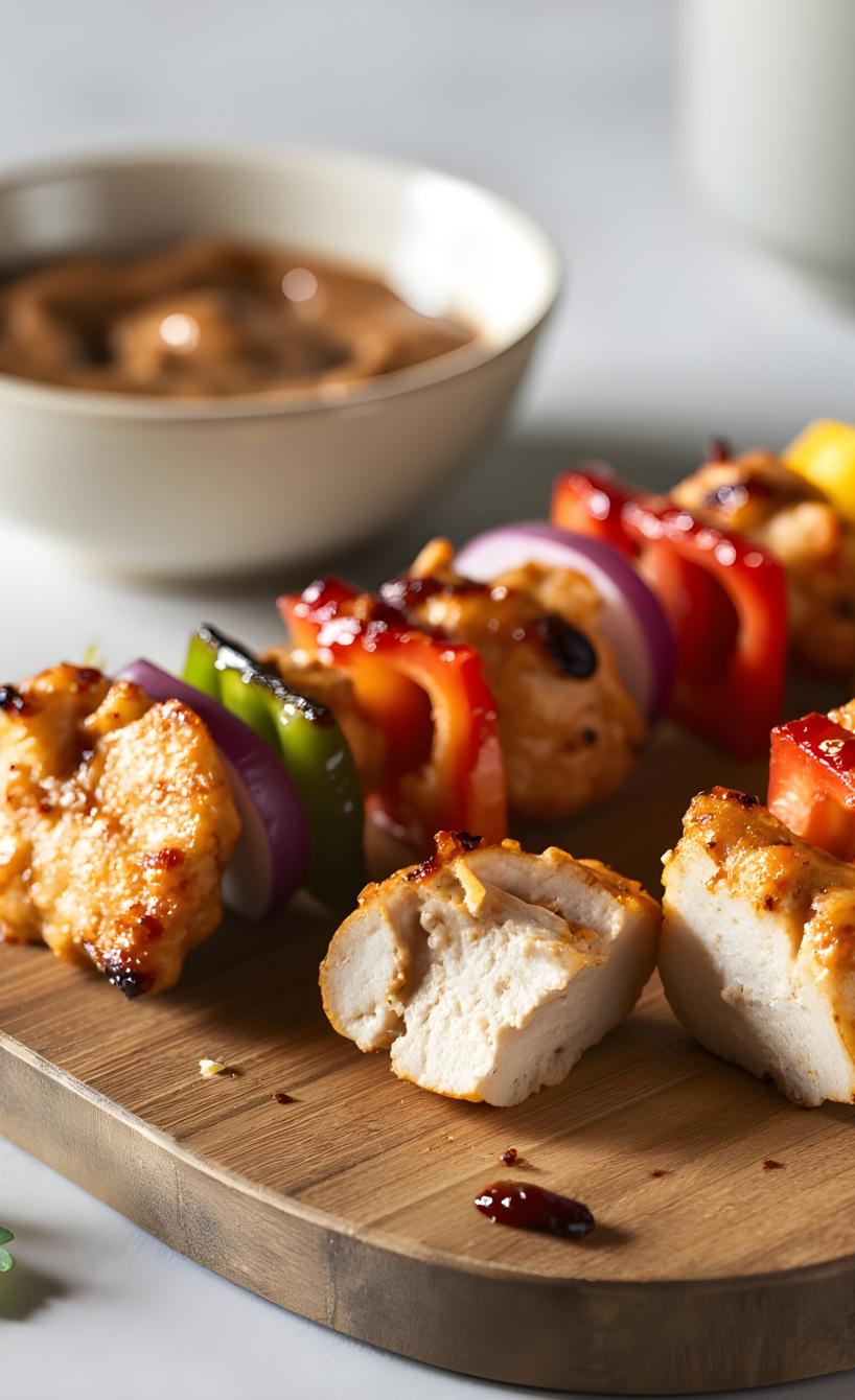 Teriyaki-Hähnchen-Spieße mit Paprika und Zwiebeln auf einem Holzbrett