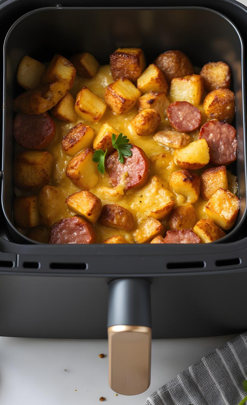 Kartoffelauflauf mit Würstchen im Garkorb eines Airfryers