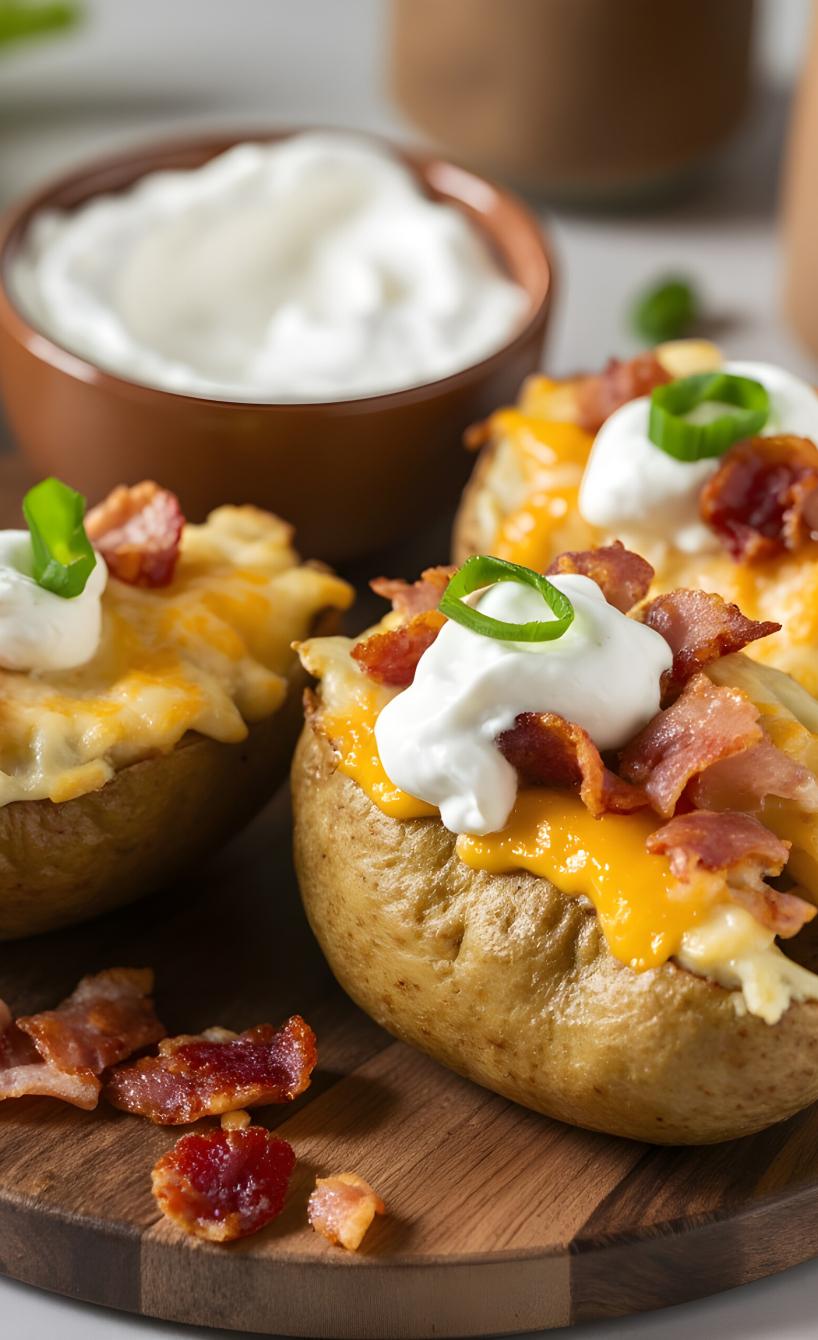 Zwei überbackene Kartoffelhälften mit Bacon und Cheddar auf einem Teller