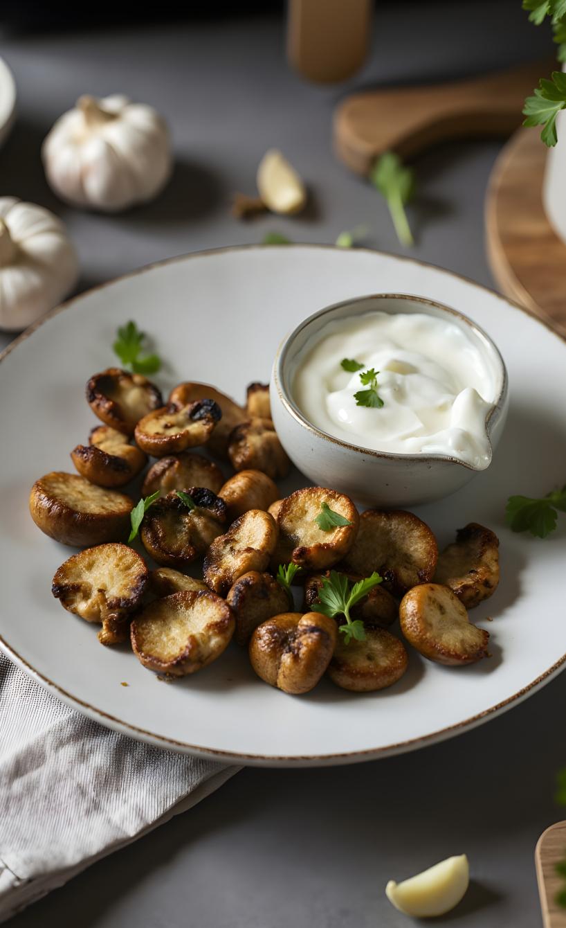 Knoblauch-Champignons auf einem Teller, daneben eine Schale mit Dip