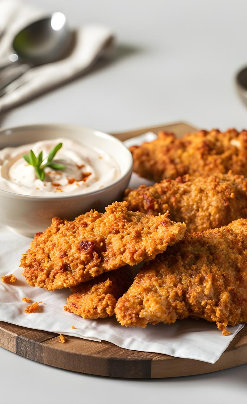 Panierte, heißluftfrittierte Hähnchenteile auf einem Holzbrett, daneben Quarkdip auf einem Tisch