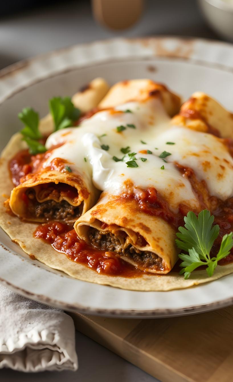 Lasagne Wraps auf einem Teller garniert mit frischen Kräutern