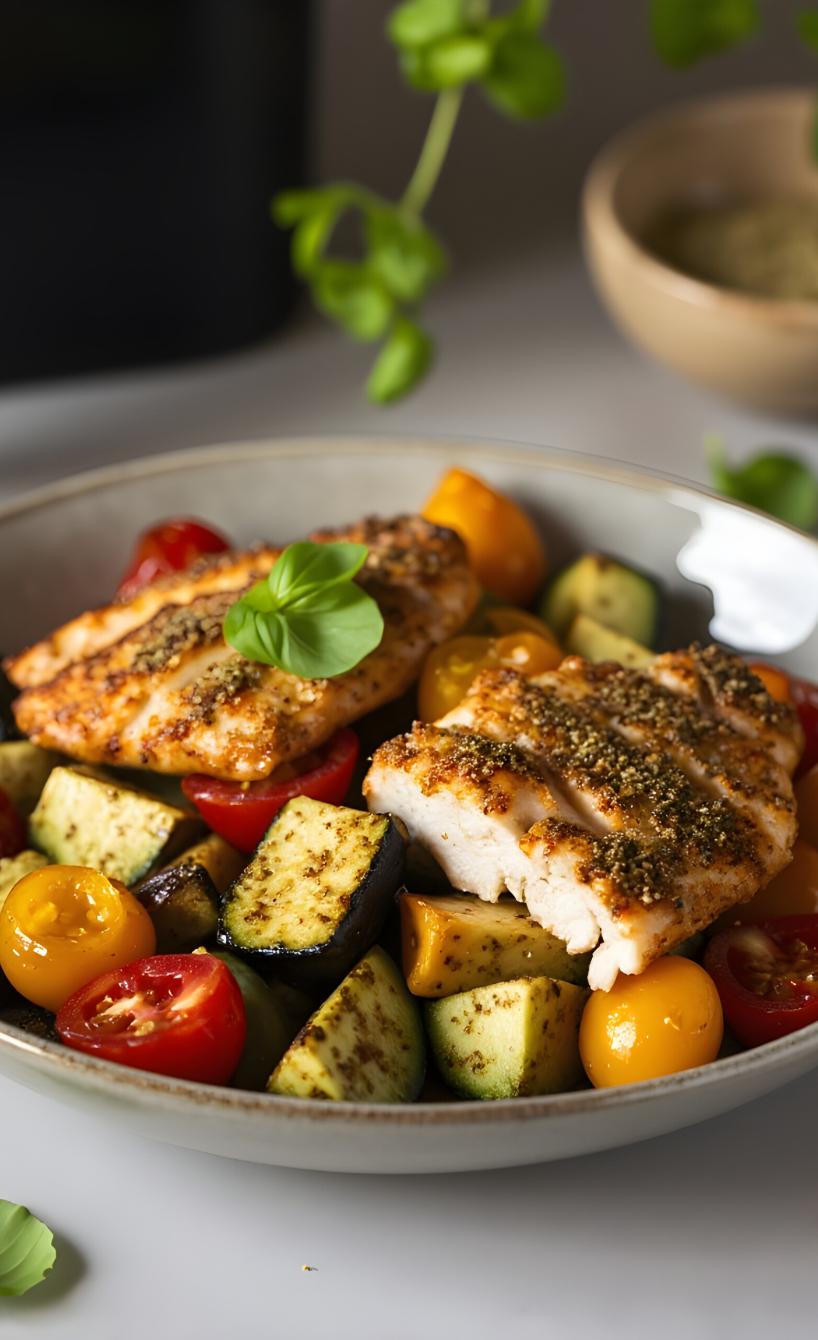 Putenschnitzel auf buntem Gemüsebett auf einem Teller