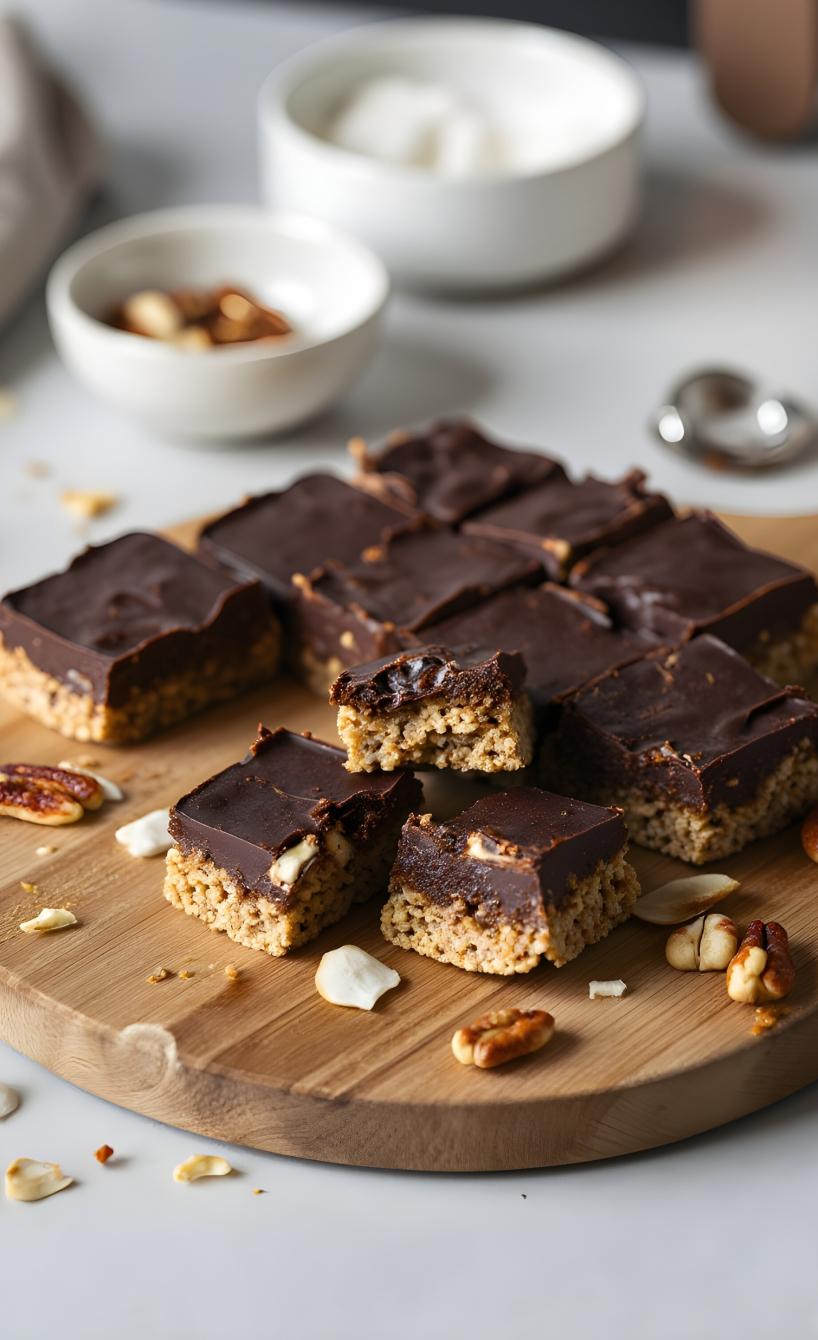 Mehrere Schoko-Müsliriegel mit Nüssen angerichtet auf einem Holzbrett
