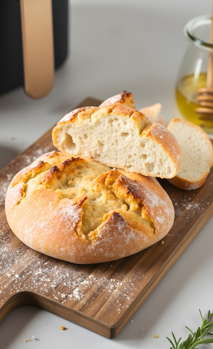 Rundes Skyr-Brot angeschnitten auf einem Holzbrett