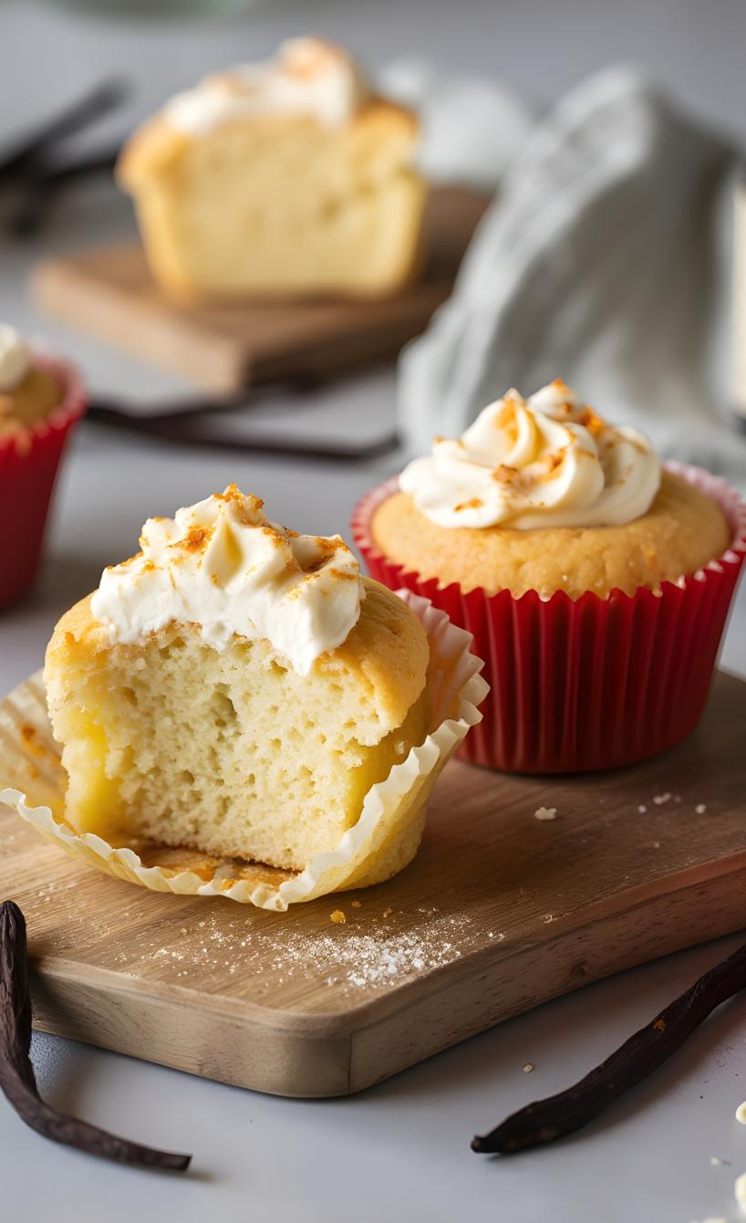 Mehrere Vanille-Cupcakes, teilweise mit Frosting, auf einem Holzbrett