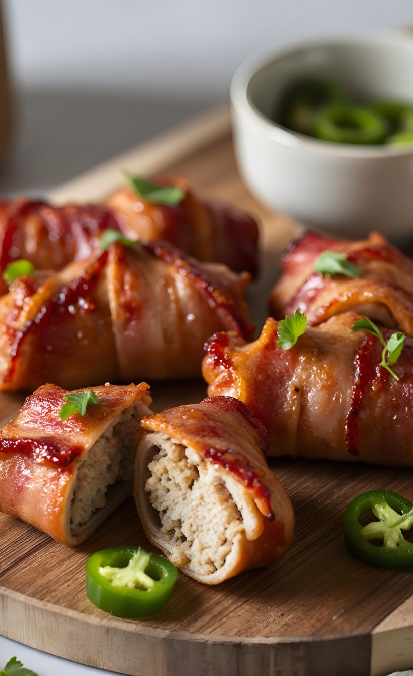 Heißluftfrittierte Bacon Hackfleisch Schnecken auf einem Holzbrett