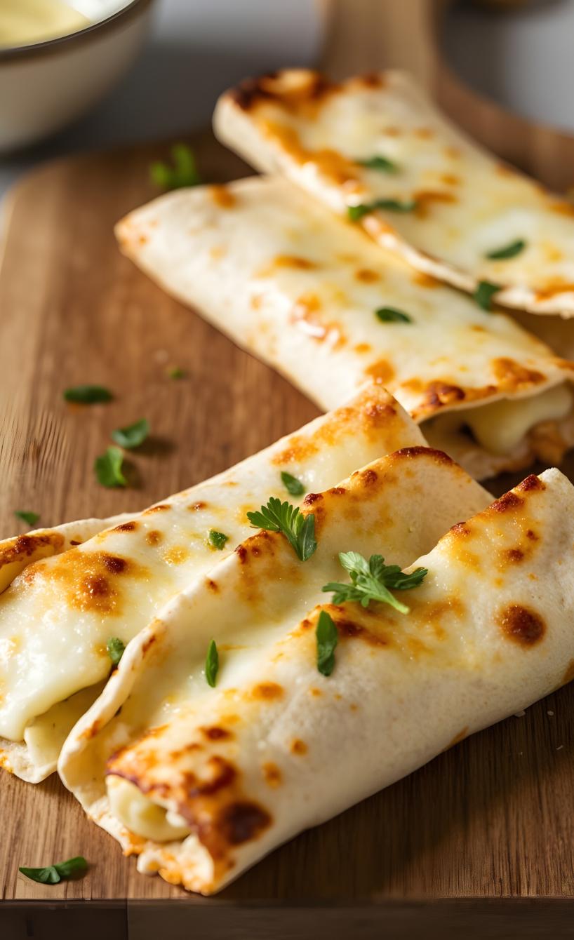 Mehrere Cheesy Garlic Tortilla Breads auf einem Holzbrett