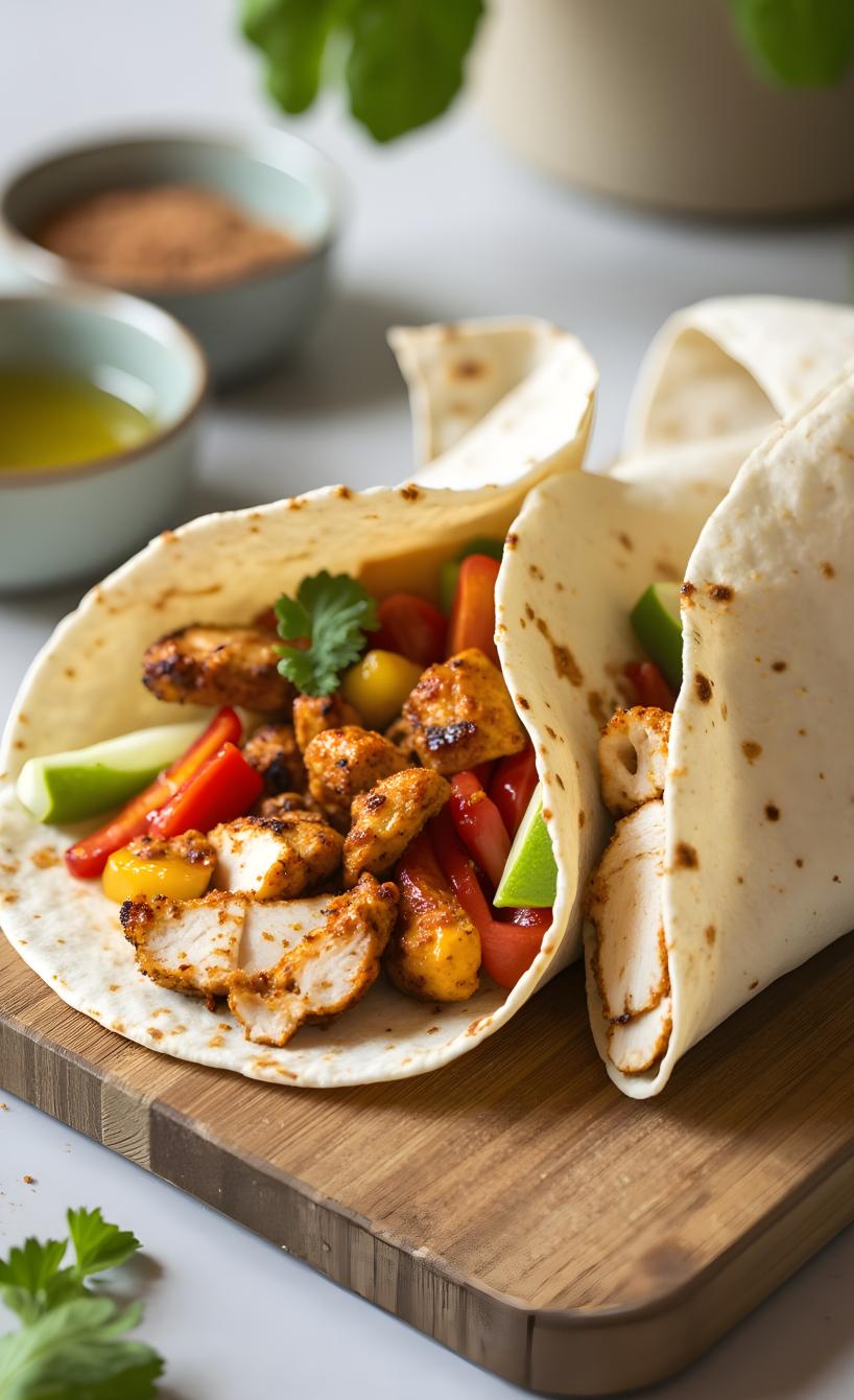 Zwei Fajitas gefüllt mit Hähnchen und Paprika auf einem Holzbrett