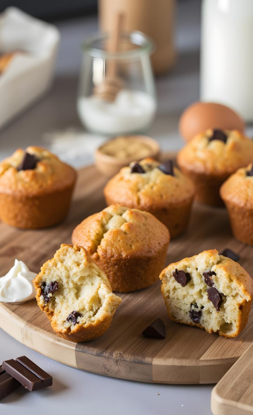 Muffins mit Schokostückchen auf einem Holzbrett, teilweise halbiert