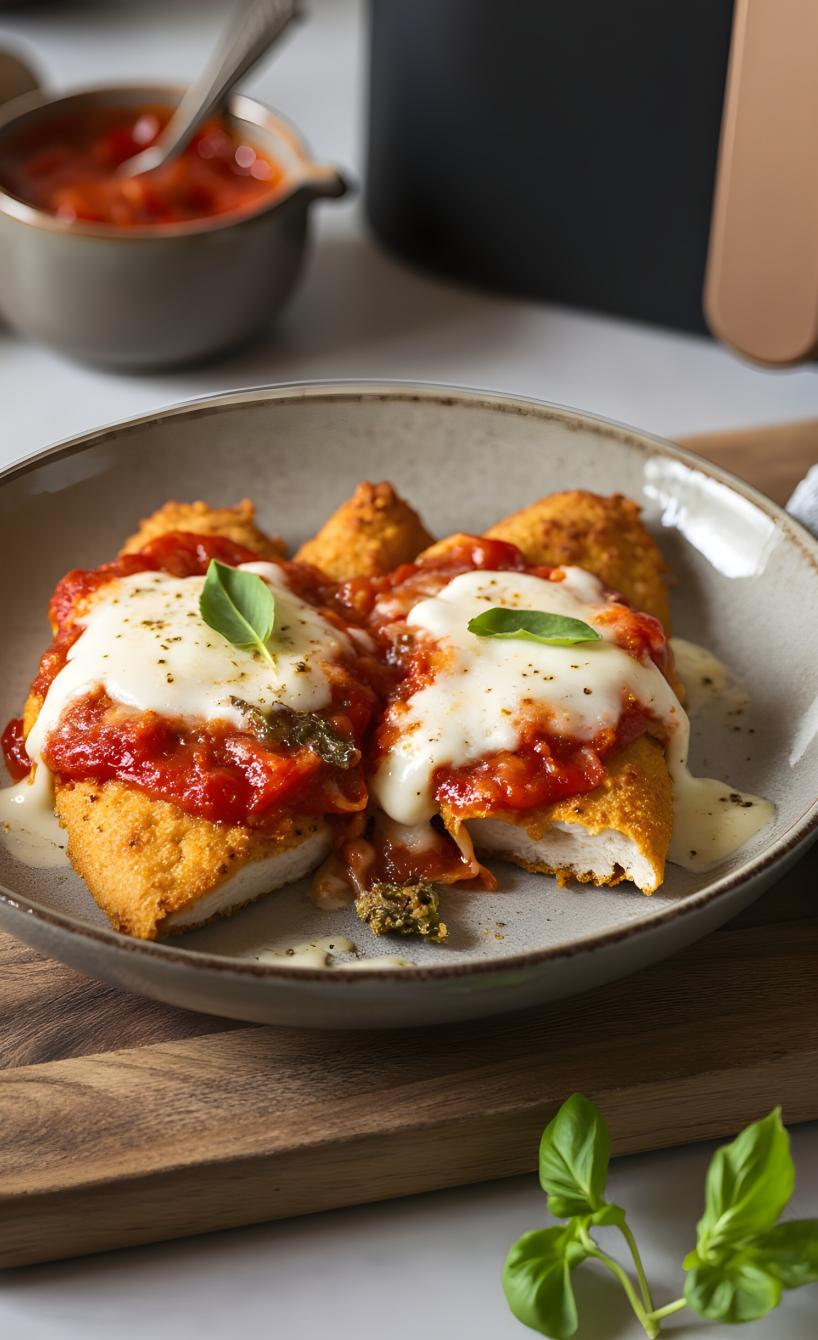 Zwei gebackene, panierte Hähnchenbrustfilets mit Tomatensauce und Mozzarella überbacken auf einem Teller