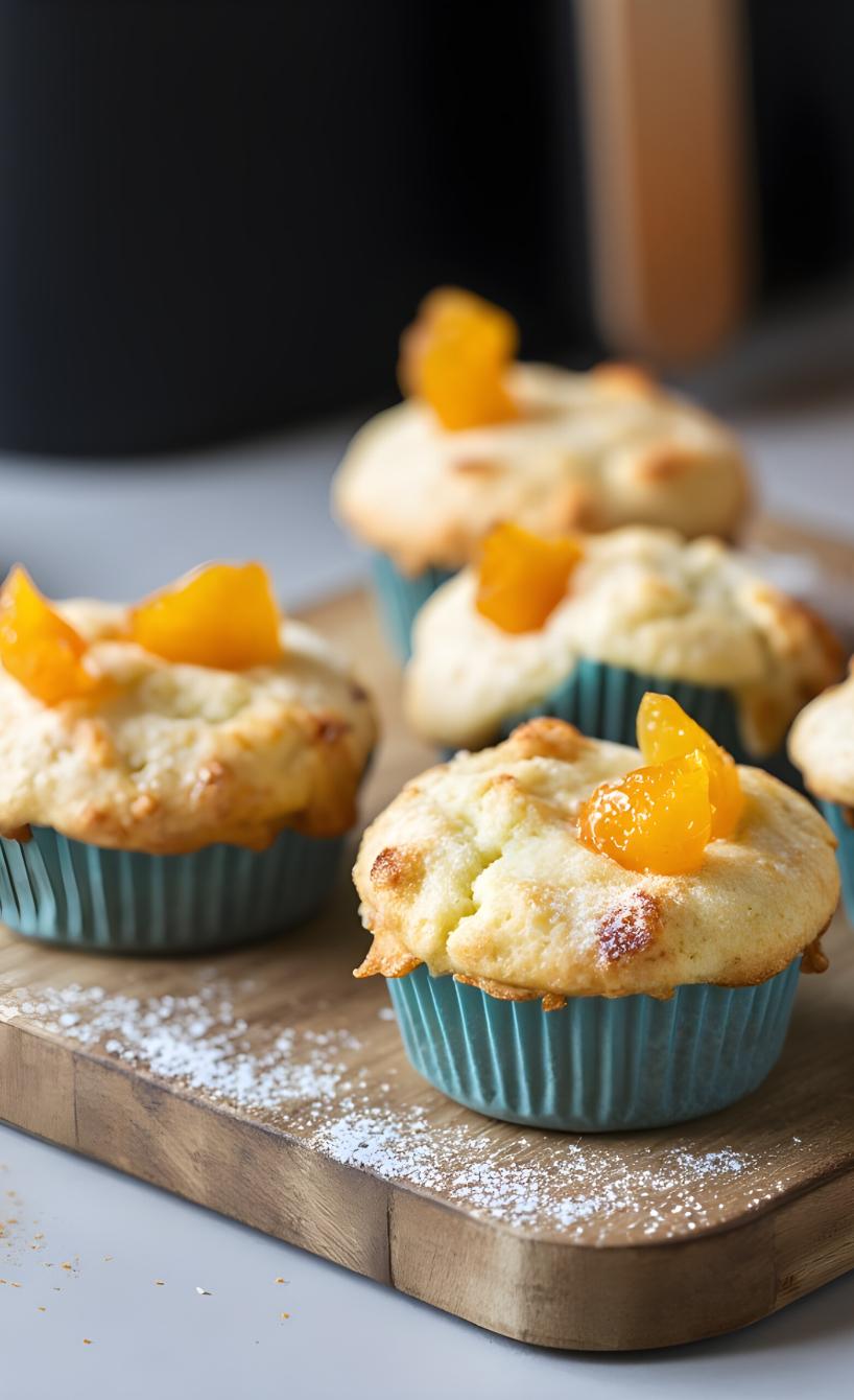 Käsekuchen-Muffins mit Mandarinen dekoriert auf einem Holzbrett