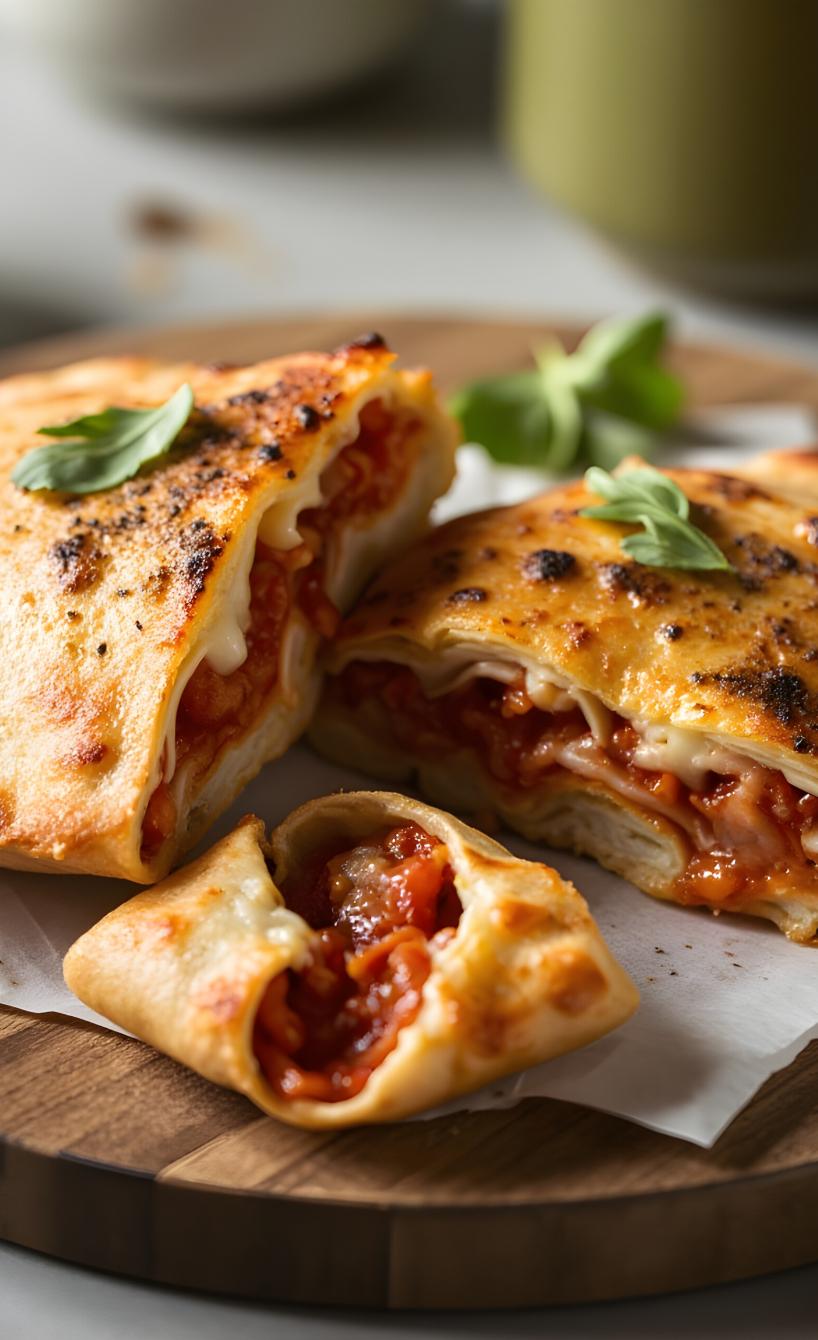 halbierte Calzone auf einem Holzbrett