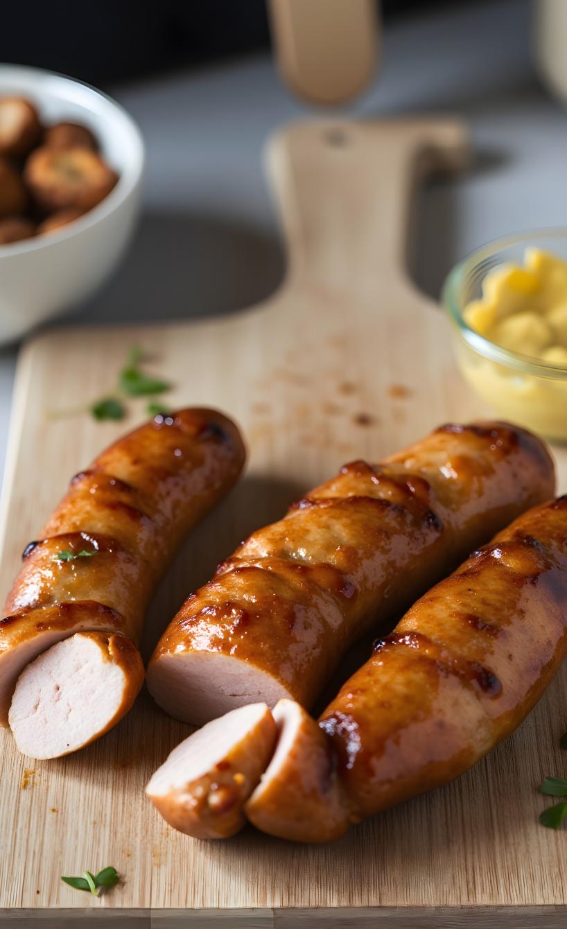 Meherer Bockwürste auf einem Holzbrett, daneben ein Schälchen mit Senf
