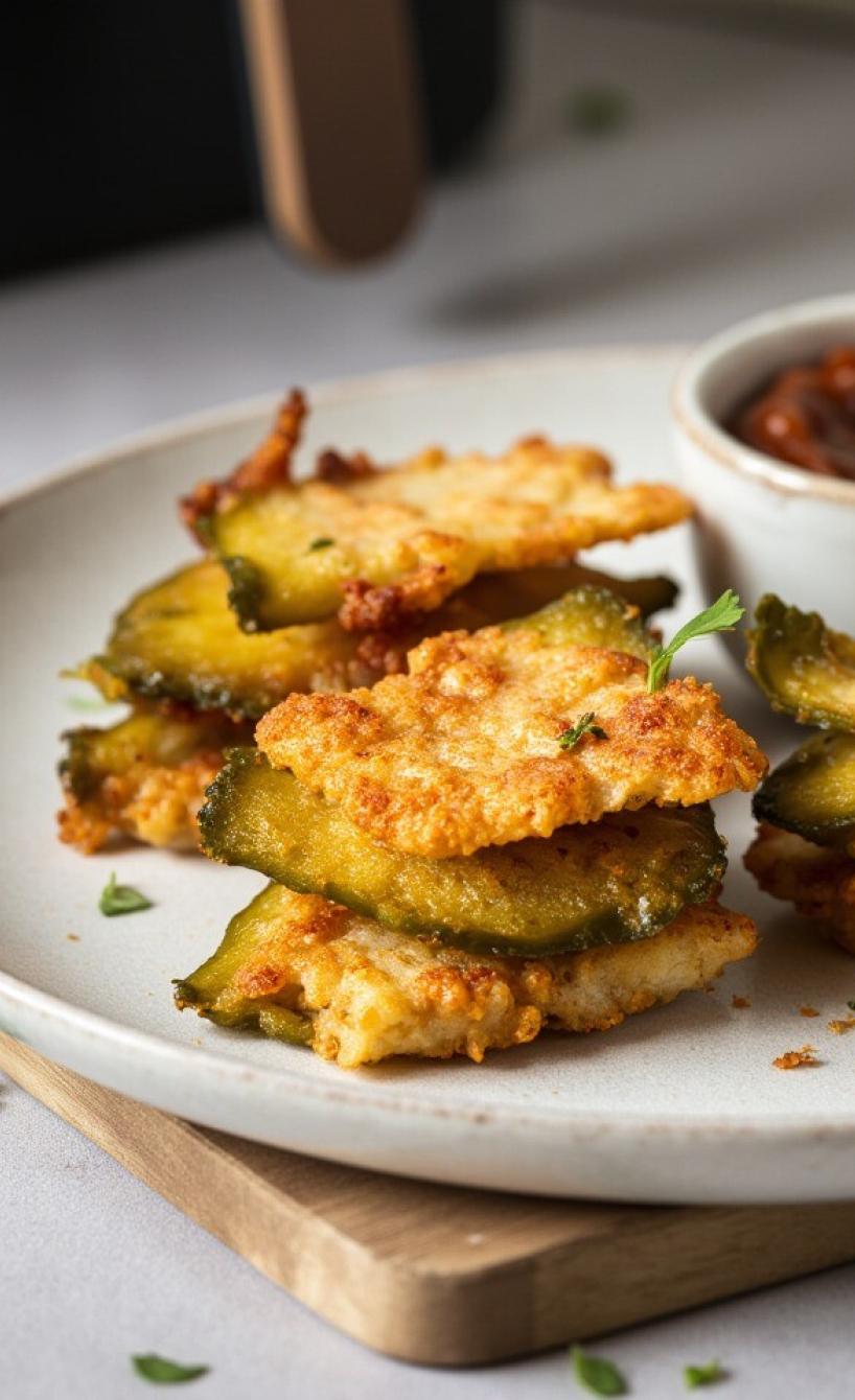Panierte, heißluftfrittierte Gewürzgurken-Scheiben auf einem Teller