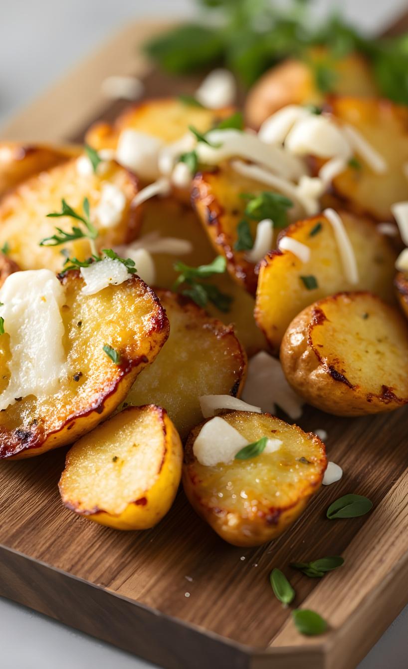 Goldbrauen Knoblauch-Parmesan-Kartoffeln auf einem Holzbrett