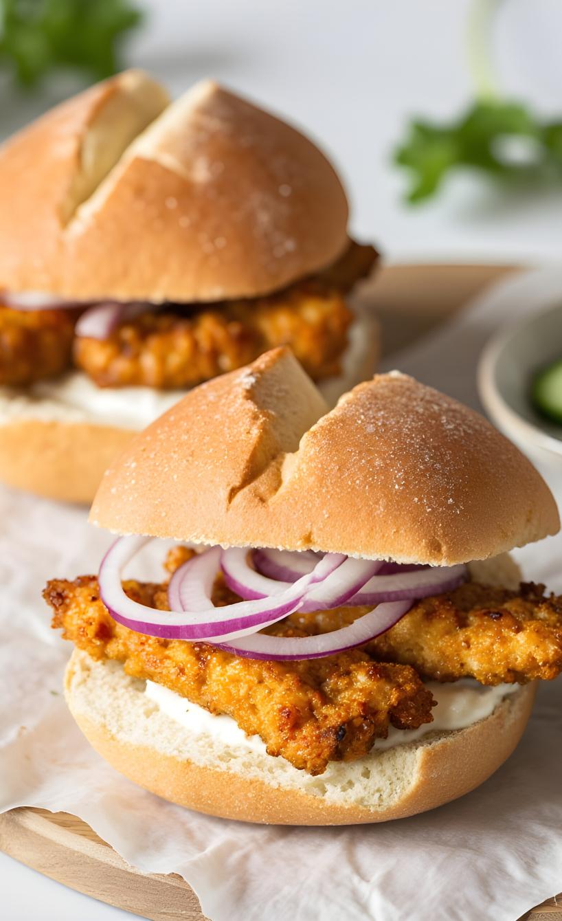 Zwei Fischburger mit Fischstäbchen und Soße auf einem Teller