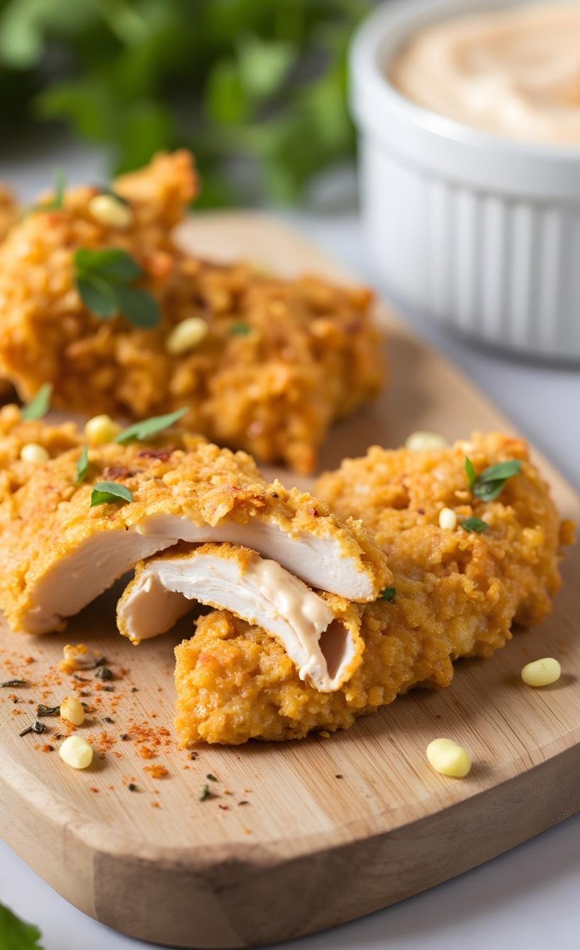 Hähnchenstücke mit Cornflakes-Käse-Panade angeschnitten auf einem Holzbrett