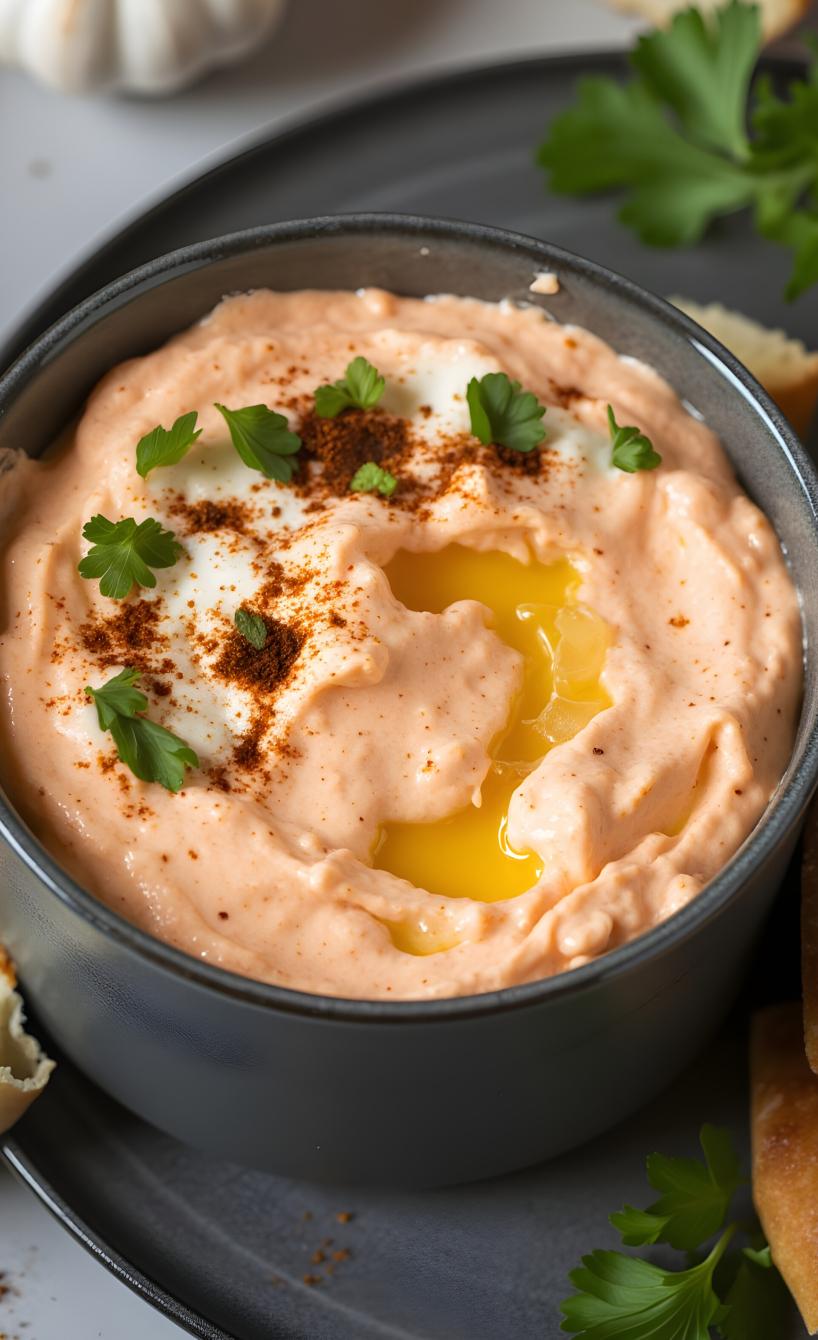 Knoblauchdip mit gerösteter Spitzpaprika in einerm Schälchen beträufelt mit Öl und getoppt von frischen Kräutern
