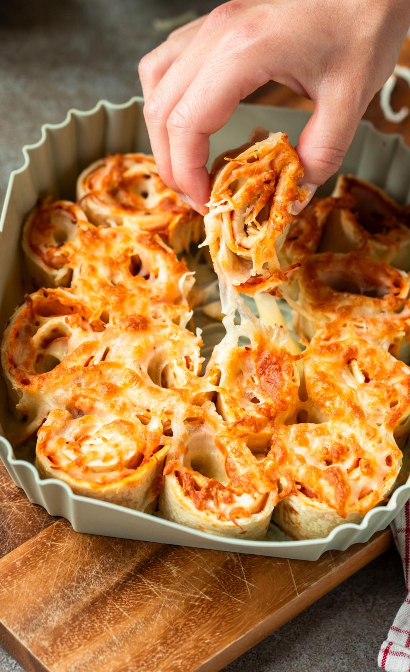 Piadina-Schnecken aus Wraps gefüllt mit Käse und Schinken in einer Auflaufform