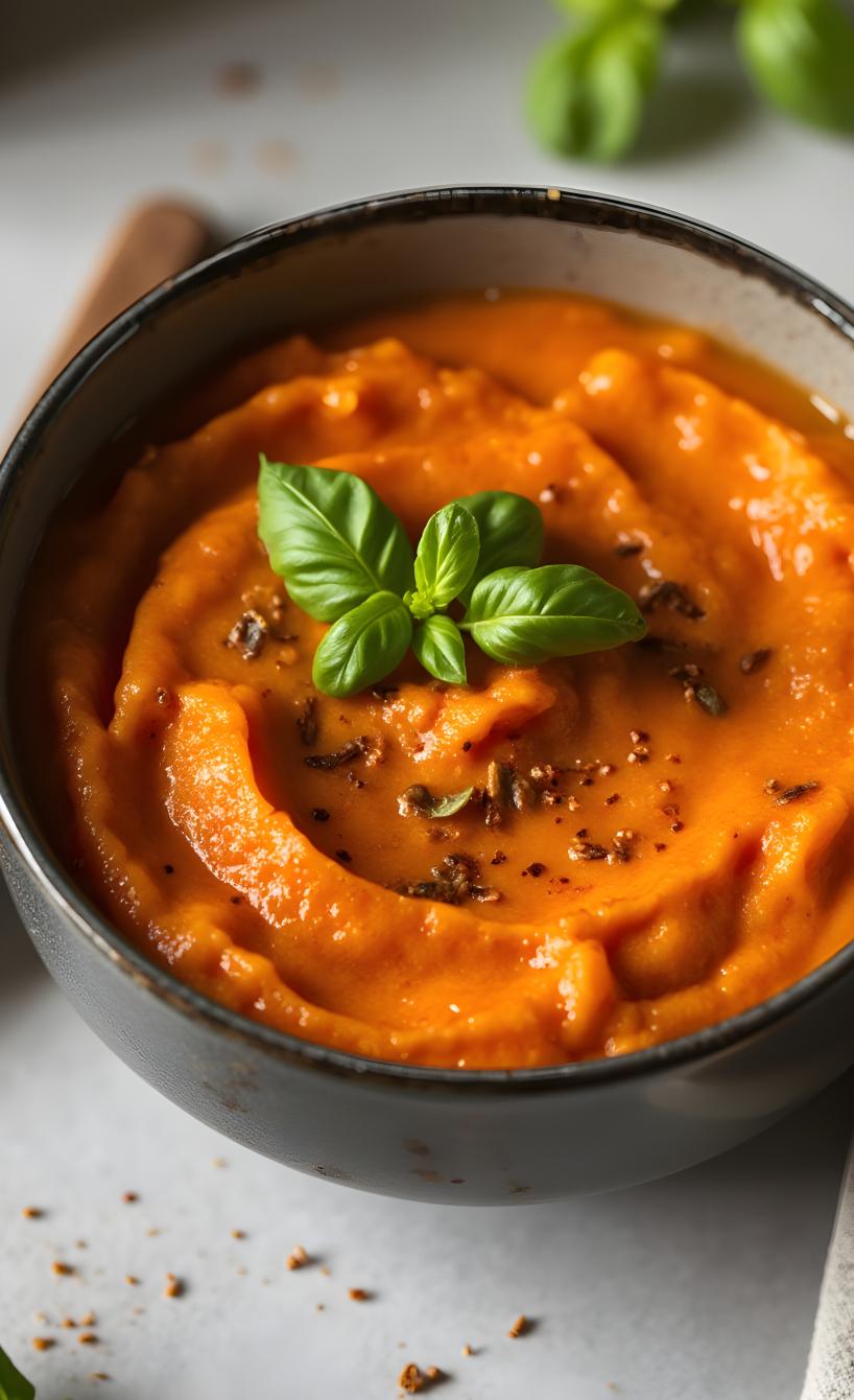 Paprika-Tomaten-Suppe in einer Suppenschüssel garniert mit frischem Basilikum und Chiliflocken