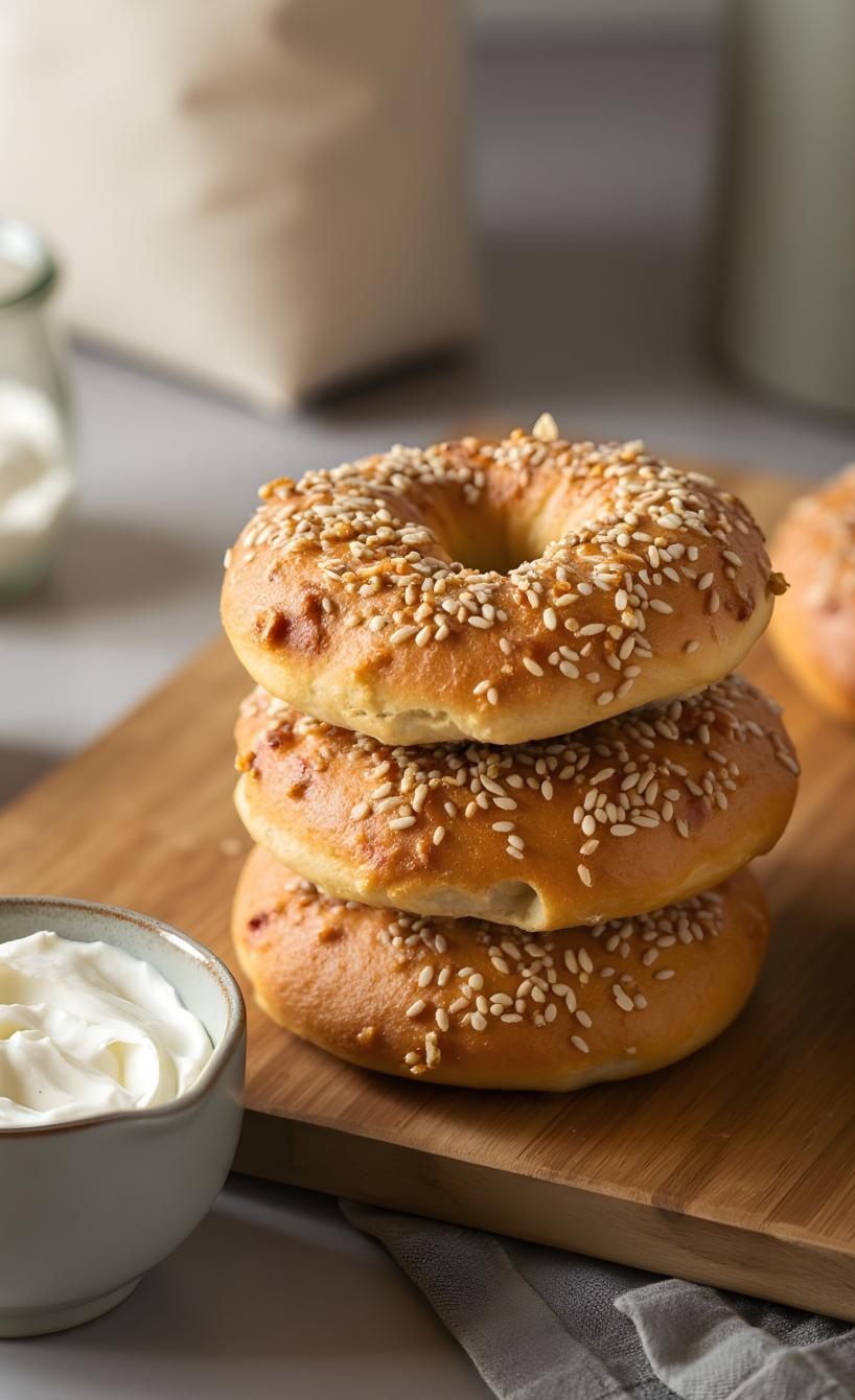 Drei Bagels gestapelt auf einem Brett getoppt mit Sesam