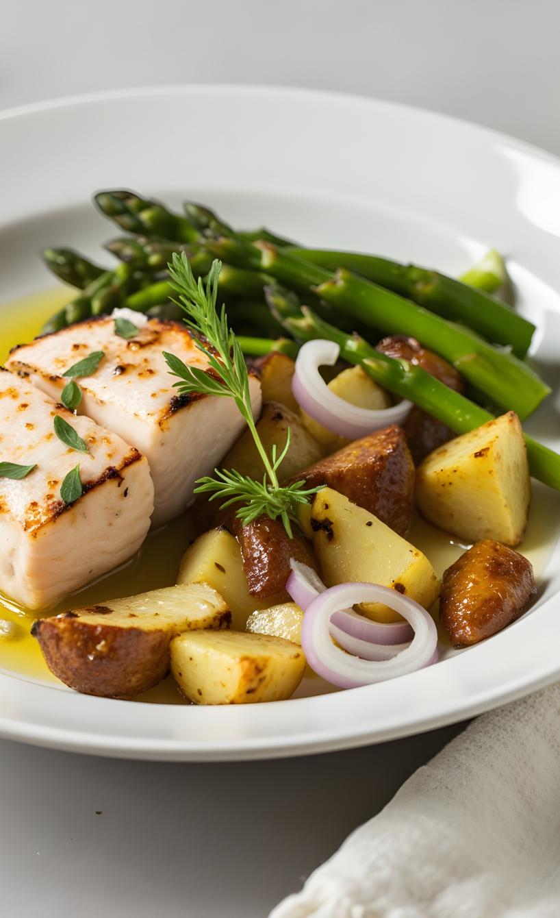 Seehecht mit Kartoffeln und Spargel