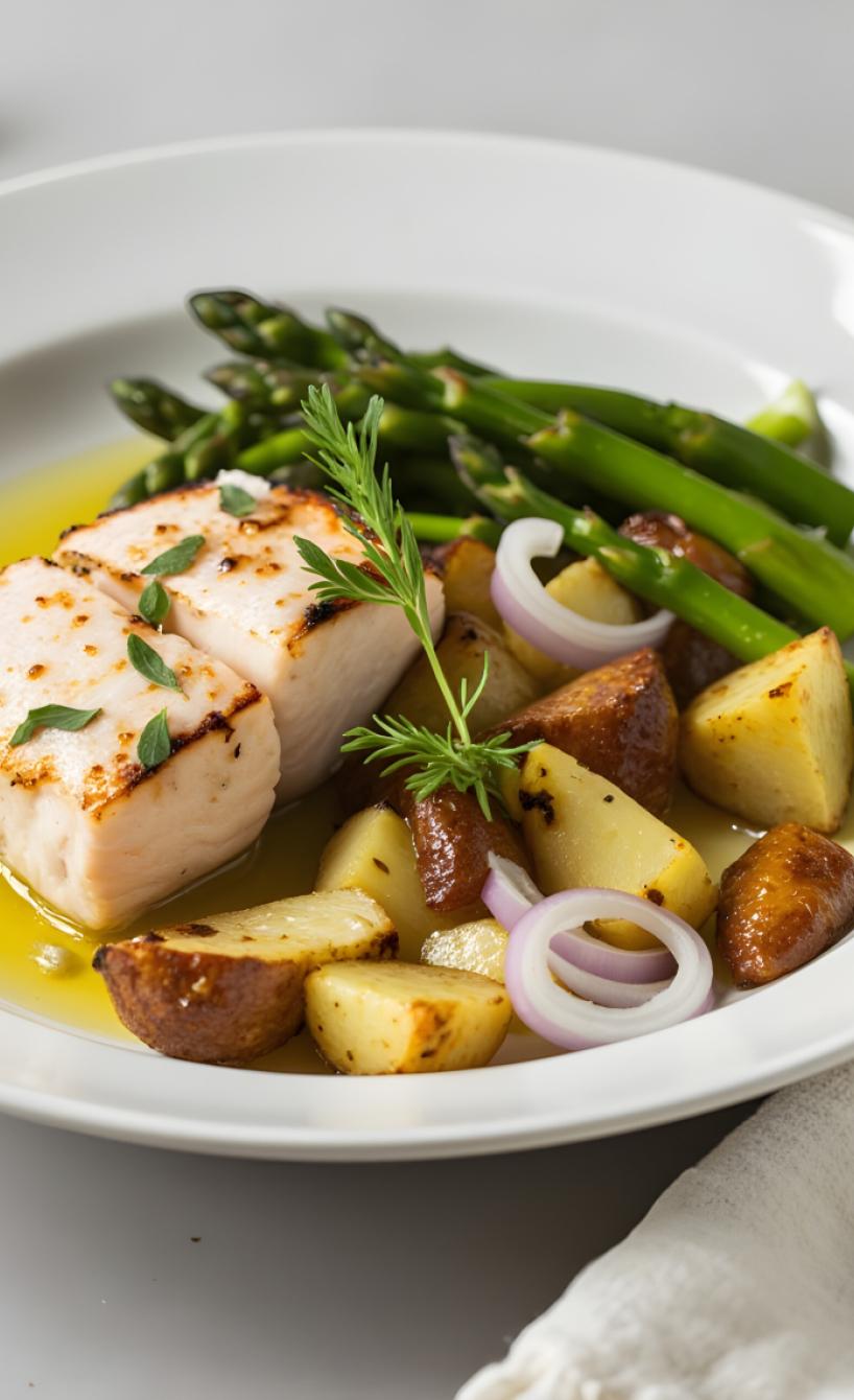 Seehecht mit Kartoffeln und Spargel